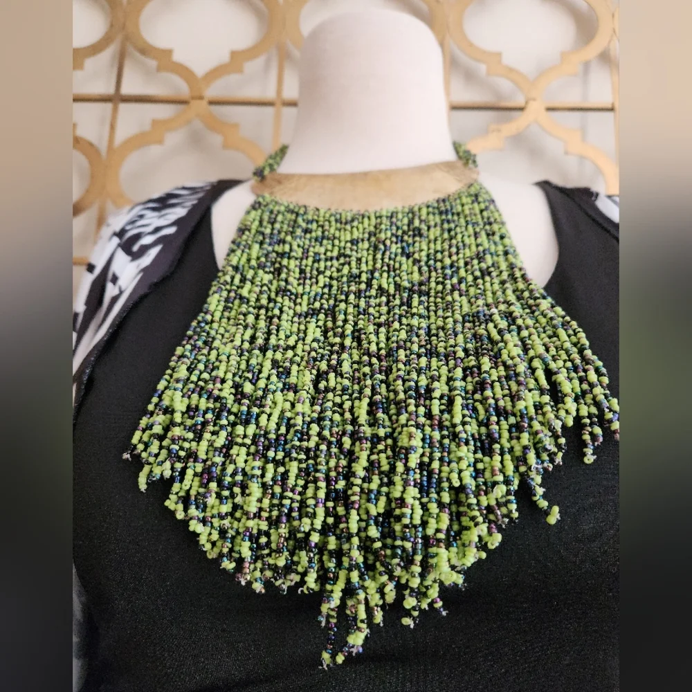 Hand Hammered Brass, Green and Blue Beaded Statement Necklace - Picture 7 of 16
